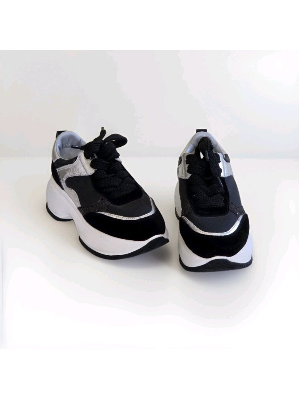 ​Hogan Maxi I Active Chunky Platform Sneakers EU 38 US 8 Black Silver Leather